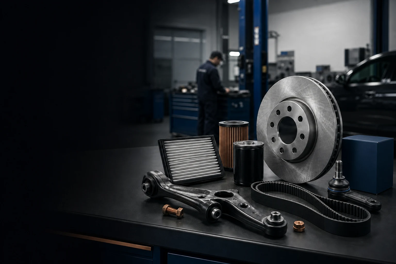 Automotive maintenance parts arranged on an inspection table